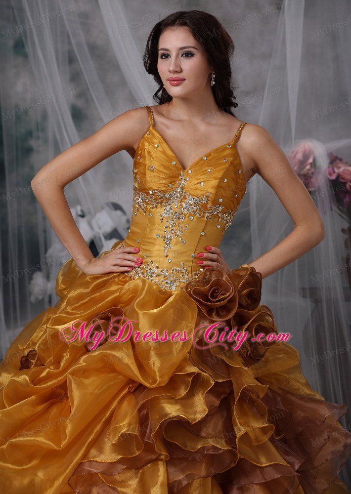 Ball Gown Spaghetti Straps Organza Beading Sweet 15 Dress